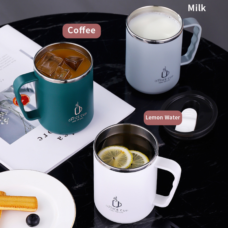 500ml/17oz 304 Stainless Steel Water Bottle Double Layers Coffee Mug Milk Cup With Plastic Lid And Handle - Image 10